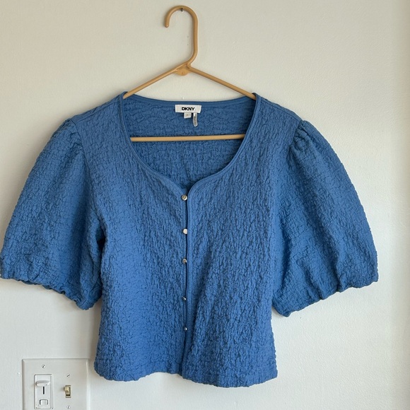 Dkny Tops - Blue DKNY Puff Sleeve Button Down Shirt Crop Top